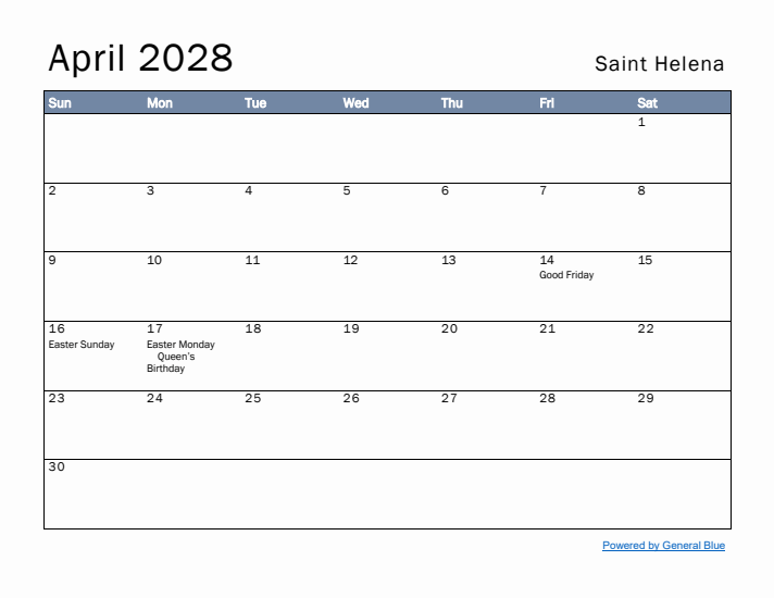 April 2028 Simple Monthly Calendar for Saint Helena