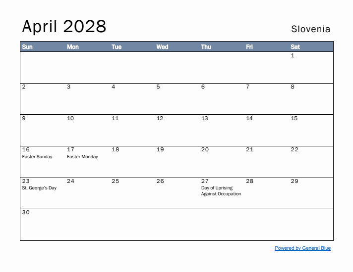 April 2028 Simple Monthly Calendar for Slovenia