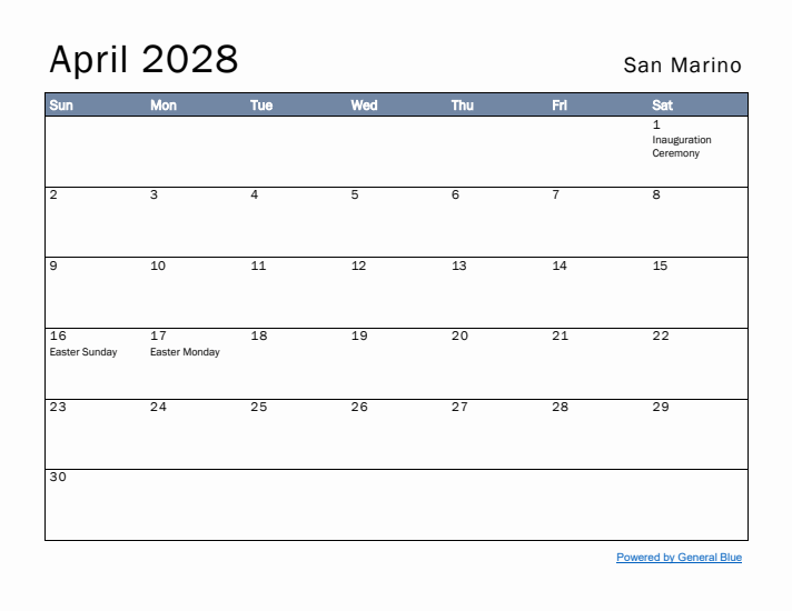 April 2028 Simple Monthly Calendar for San Marino