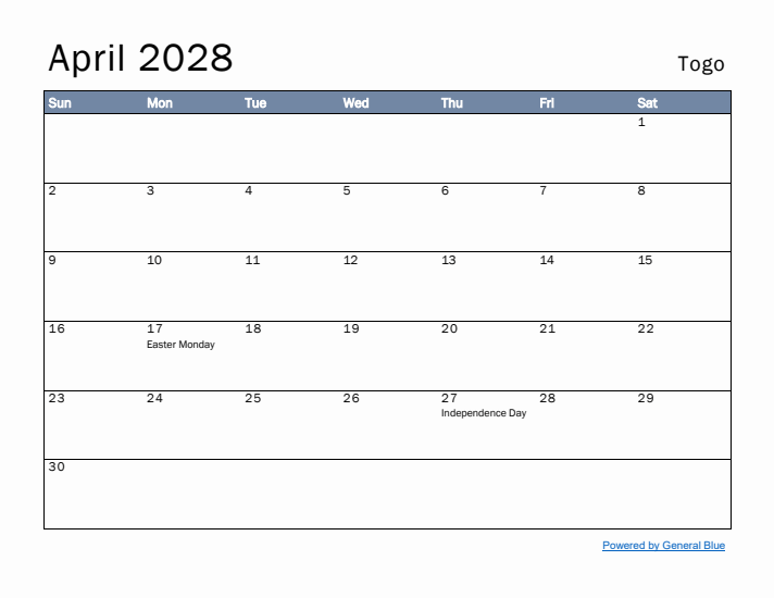 April 2028 Simple Monthly Calendar for Togo