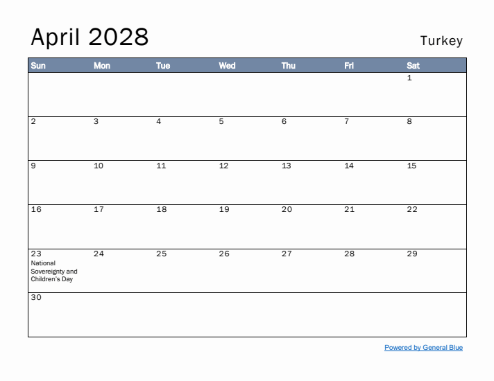 April 2028 Simple Monthly Calendar for Turkey