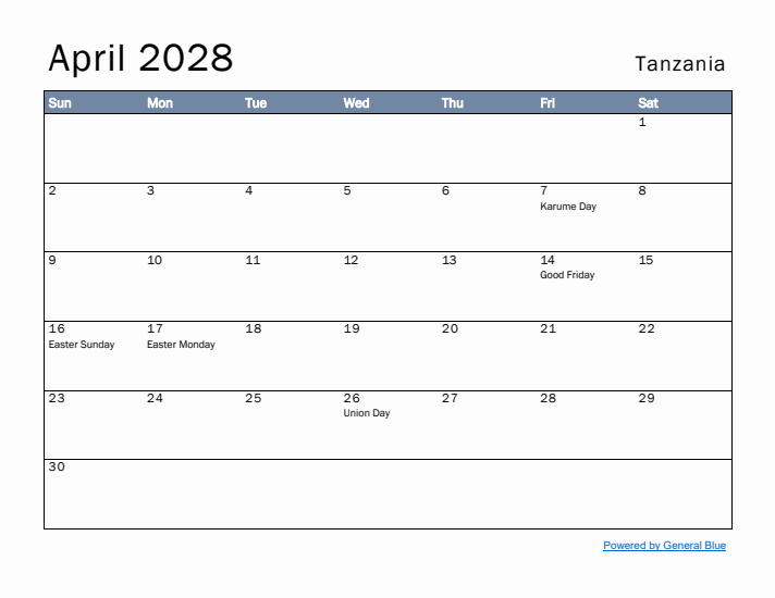 April 2028 Simple Monthly Calendar for Tanzania