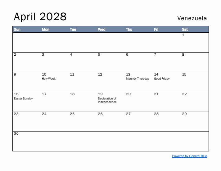 April 2028 Simple Monthly Calendar for Venezuela