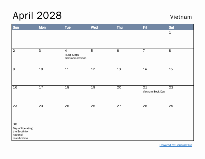 April 2028 Simple Monthly Calendar for Vietnam