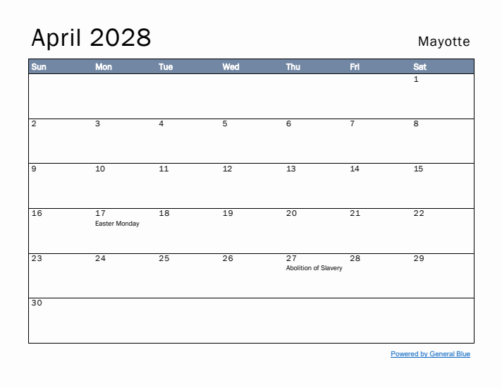 April 2028 Simple Monthly Calendar for Mayotte