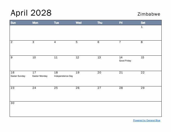 April 2028 Simple Monthly Calendar for Zimbabwe