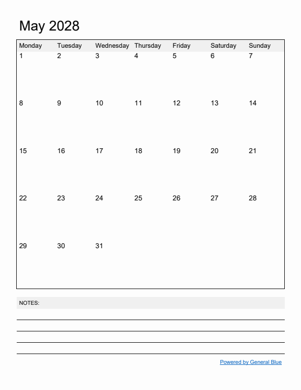 Basic Monthly Calendar Template for May 2028