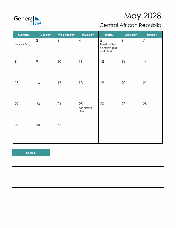 Calendar with Notes Printable - Monday Start