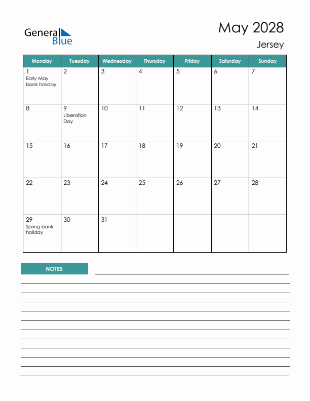 Calendar with Notes Printable - Monday Start