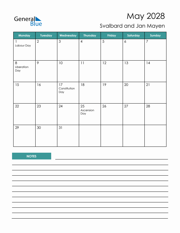 Calendar with Notes Printable - Monday Start