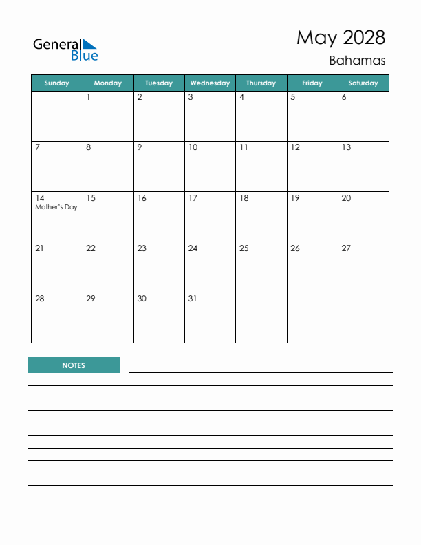 Calendar with Notes Printable - Sunday Start