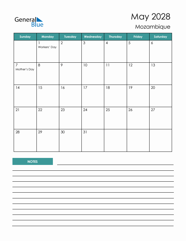 Calendar with Notes Printable - Sunday Start