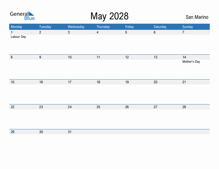 Fillable May 2028 Calendar