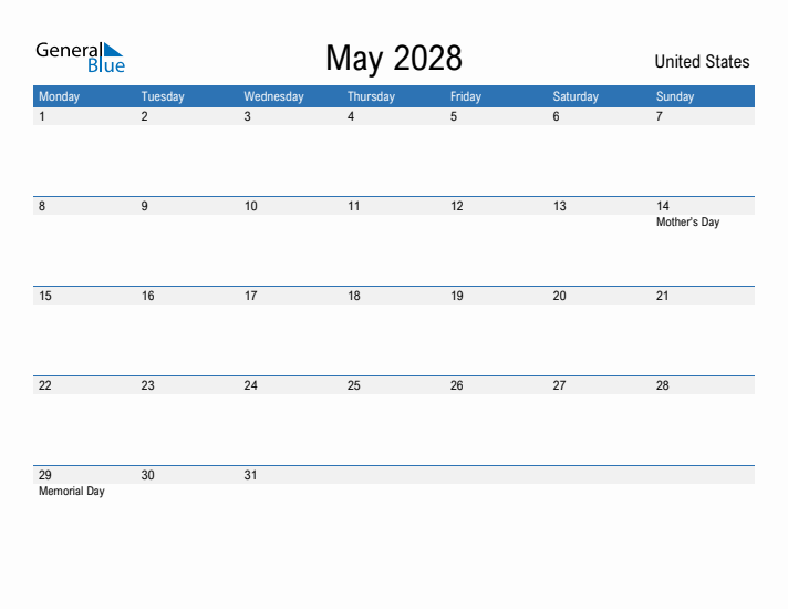 Fillable May 2028 Calendar