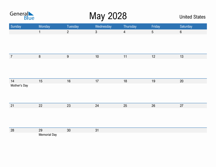 Fillable May 2028 Calendar