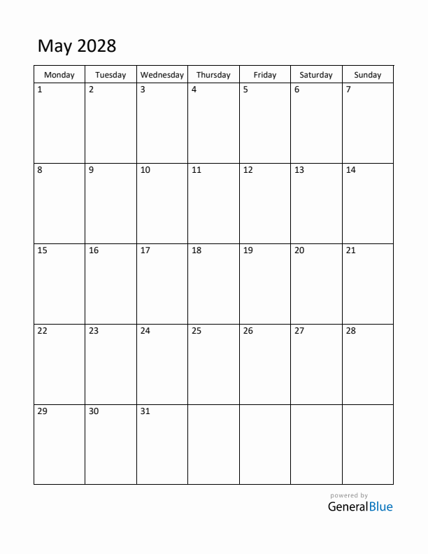 Monday Start Calendar for May 2028