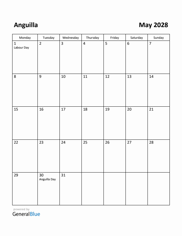 May 2028 Calendar with Anguilla Holidays