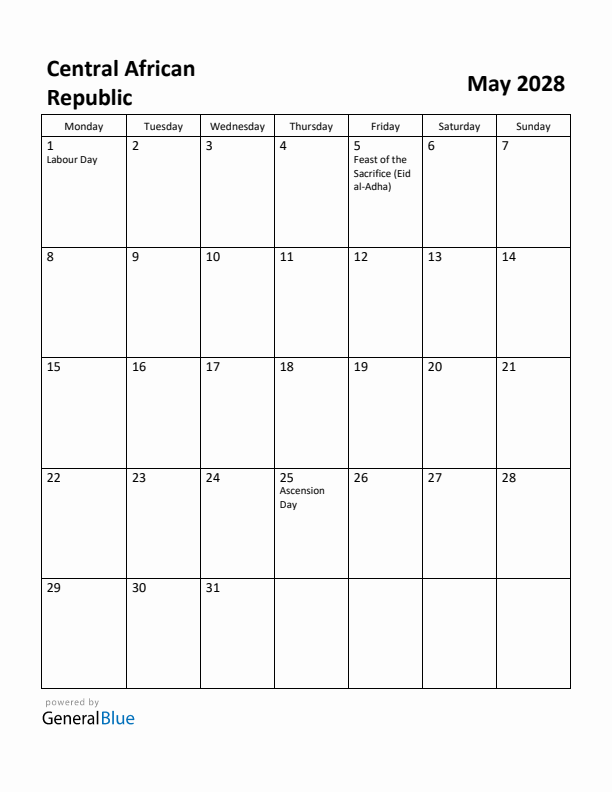 May 2028 Calendar with Central African Republic Holidays