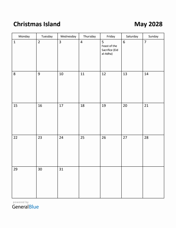 May 2028 Calendar with Christmas Island Holidays