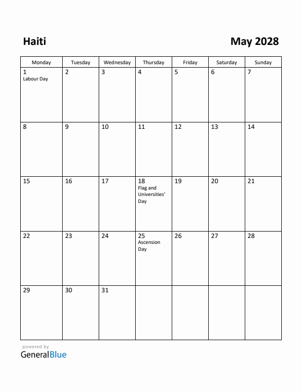 May 2028 Calendar with Haiti Holidays