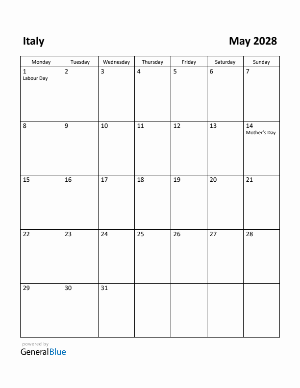 May 2028 Calendar with Italy Holidays