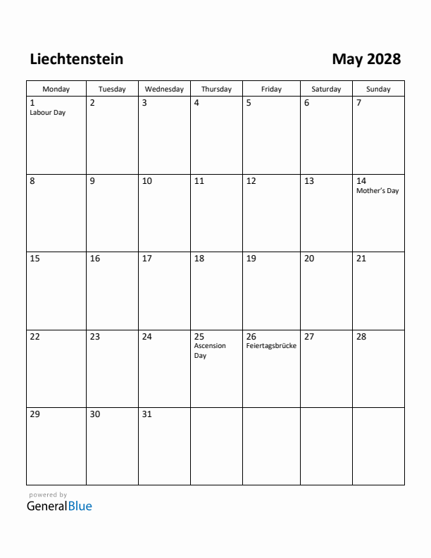 May 2028 Calendar with Liechtenstein Holidays