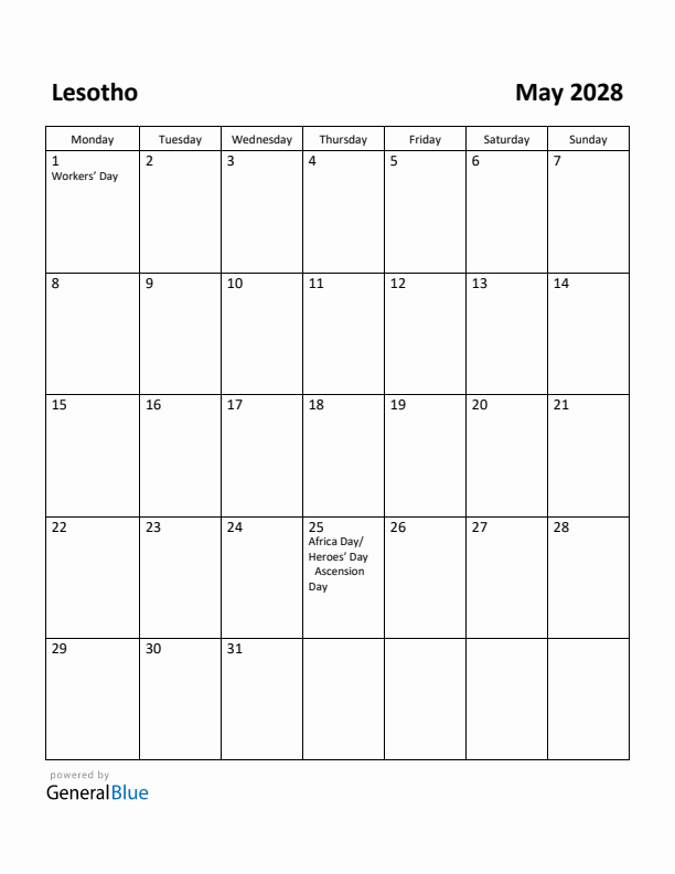 May 2028 Calendar with Lesotho Holidays