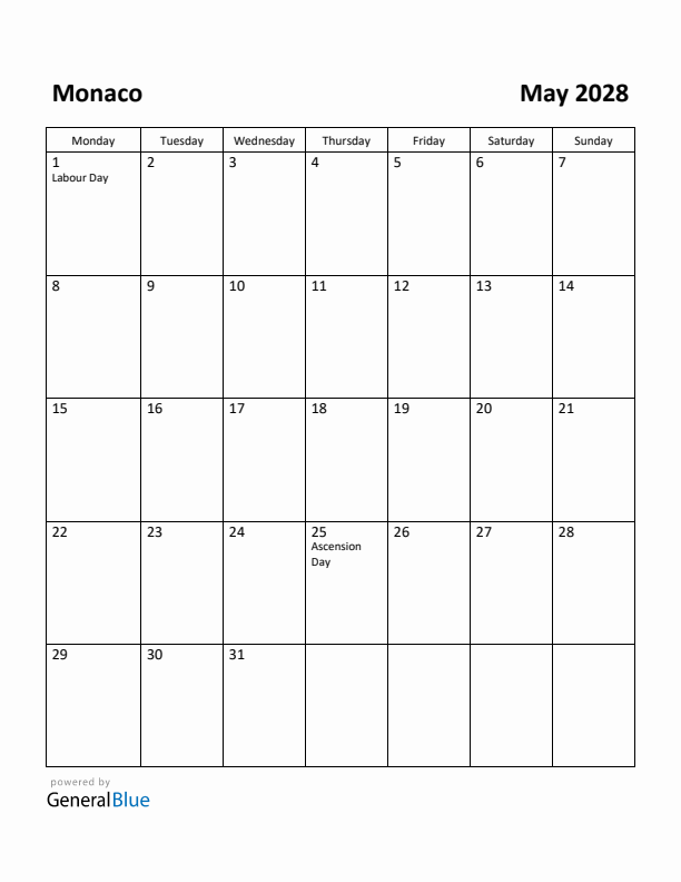 May 2028 Calendar with Monaco Holidays