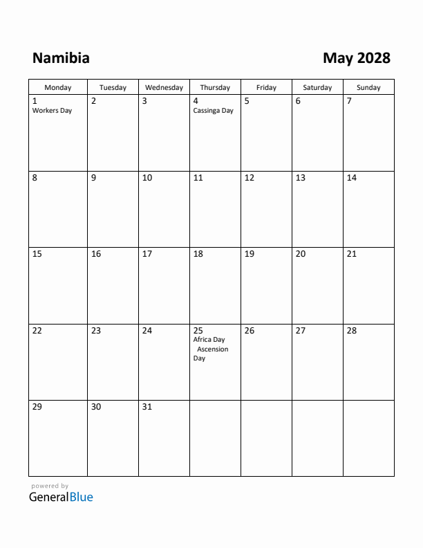 May 2028 Calendar with Namibia Holidays