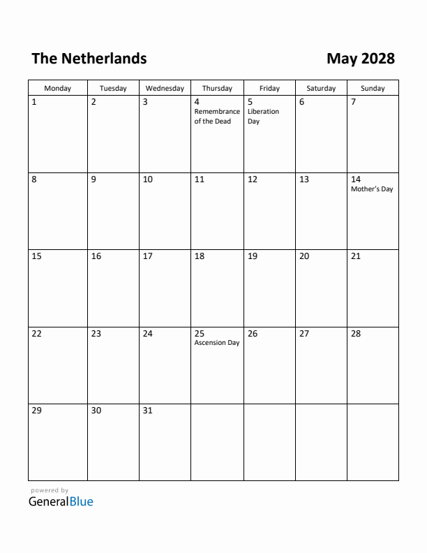 May 2028 Calendar with The Netherlands Holidays