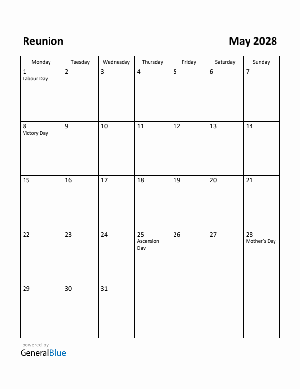 May 2028 Calendar with Reunion Holidays