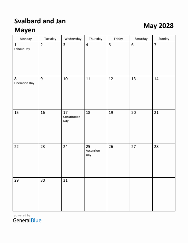 May 2028 Calendar with Svalbard and Jan Mayen Holidays