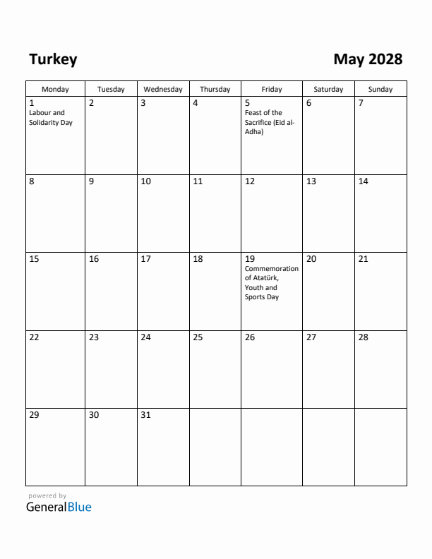 May 2028 Calendar with Turkey Holidays