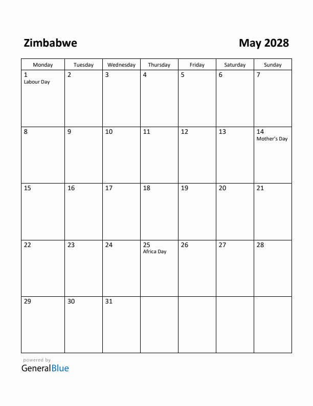 May 2028 Calendar with Zimbabwe Holidays