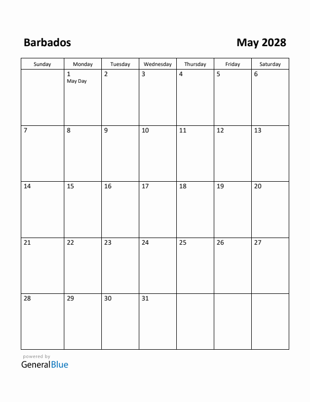 May 2028 Calendar with Barbados Holidays