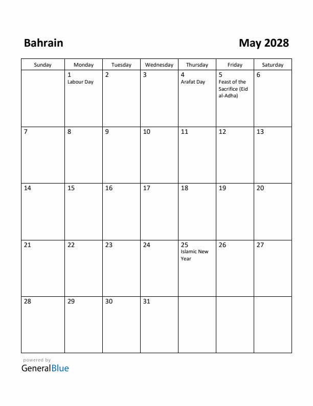 May 2028 Calendar with Bahrain Holidays