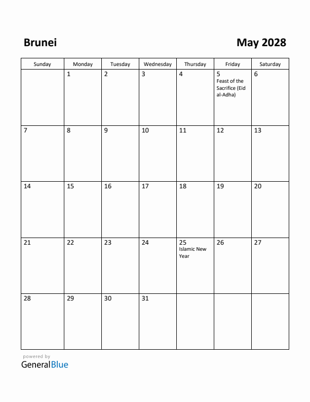 May 2028 Calendar with Brunei Holidays