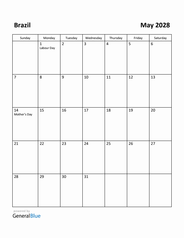 May 2028 Calendar with Brazil Holidays