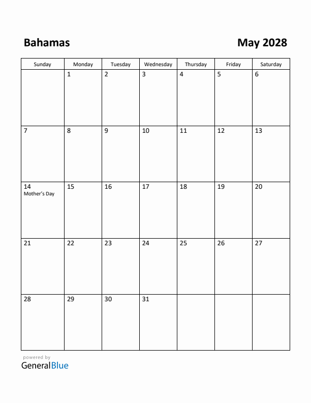 May 2028 Calendar with Bahamas Holidays