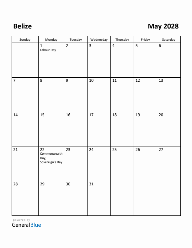 May 2028 Calendar with Belize Holidays