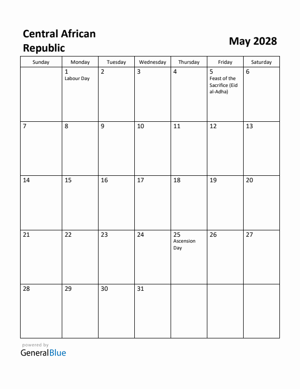 May 2028 Calendar with Central African Republic Holidays