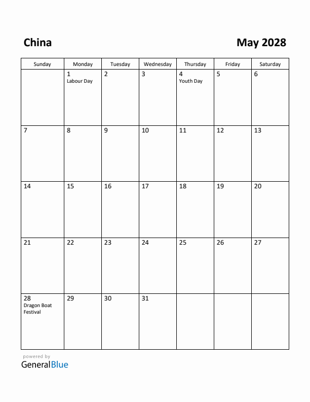 May 2028 Calendar with China Holidays
