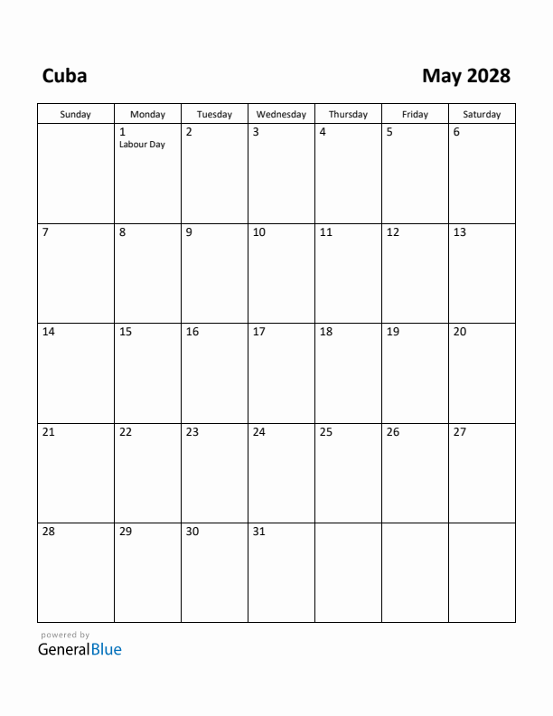 May 2028 Calendar with Cuba Holidays