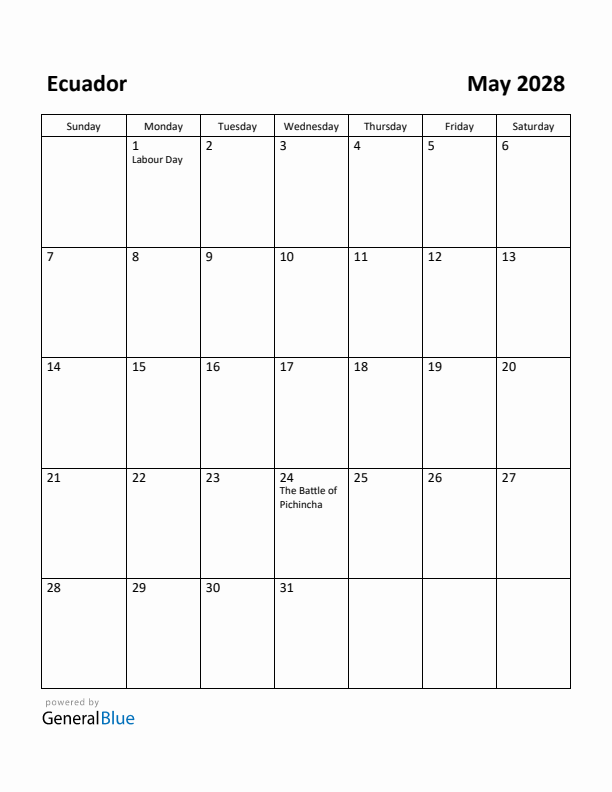 May 2028 Calendar with Ecuador Holidays