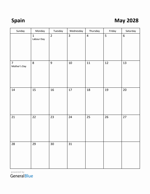 May 2028 Calendar with Spain Holidays