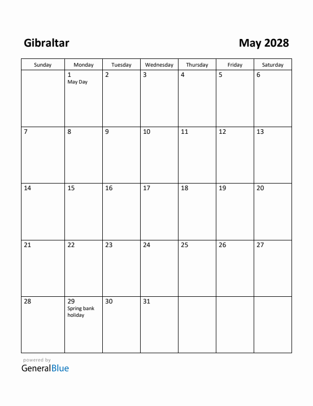 May 2028 Calendar with Gibraltar Holidays