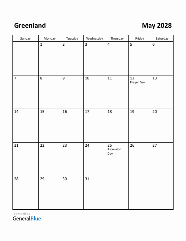 May 2028 Calendar with Greenland Holidays