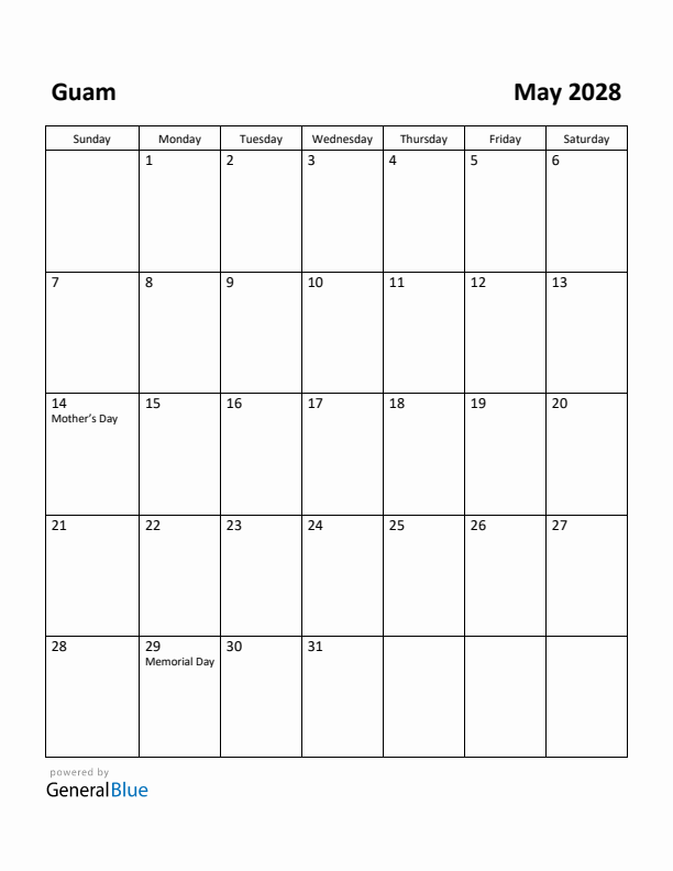 May 2028 Calendar with Guam Holidays