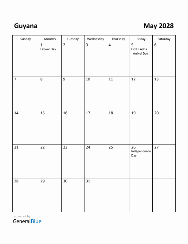 May 2028 Calendar with Guyana Holidays