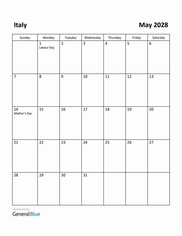 May 2028 Calendar with Italy Holidays